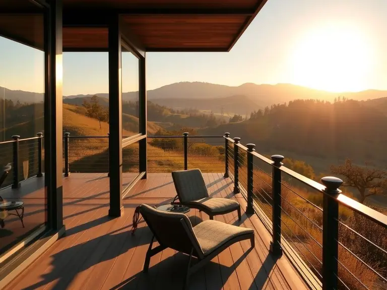 Hillside deck with black cable railing and two lounge chairs, partly covered by a wood-lined roof, looking out over oak-dotted hills at sunset